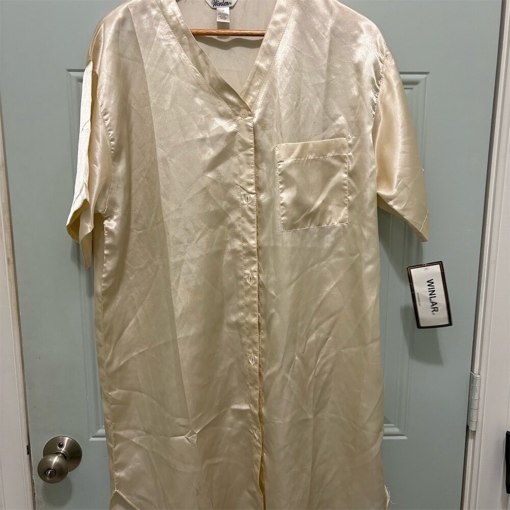 Winlar Womens Satin Sleepshirt Nightgown Beige Button Front Plus Size 2XL